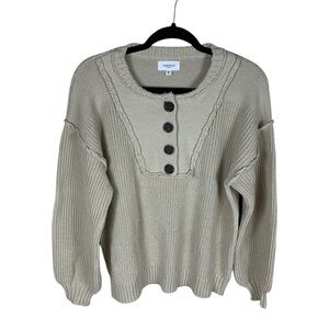 Women's Annie Wear Beige Half Button Long Sleeve Exposed Seam Chunky Sweater S